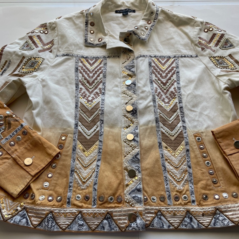 Boston Proper Embellished Jacket Western Aztec Sequin Beaded Boho Chic Denim‎ XL - Picture 11 of 13